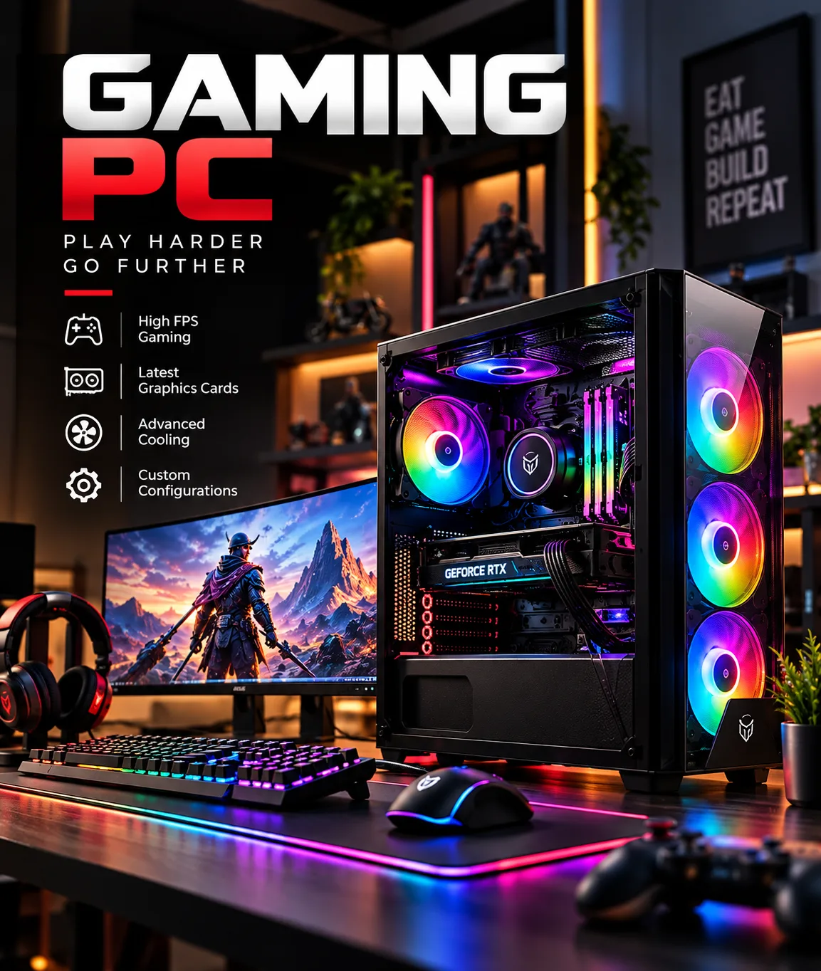 Gaming PC: Play Harder Go Further. Highlights High FPS Gaming, Latest Graphics Cards, Advanced Cooling, and Custom Configurations